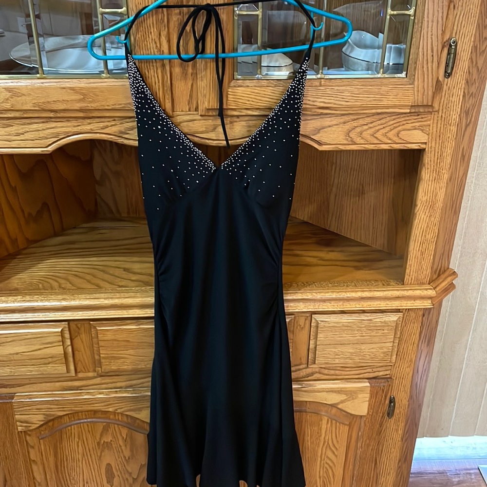 Little black dress with rhinestones on the chest